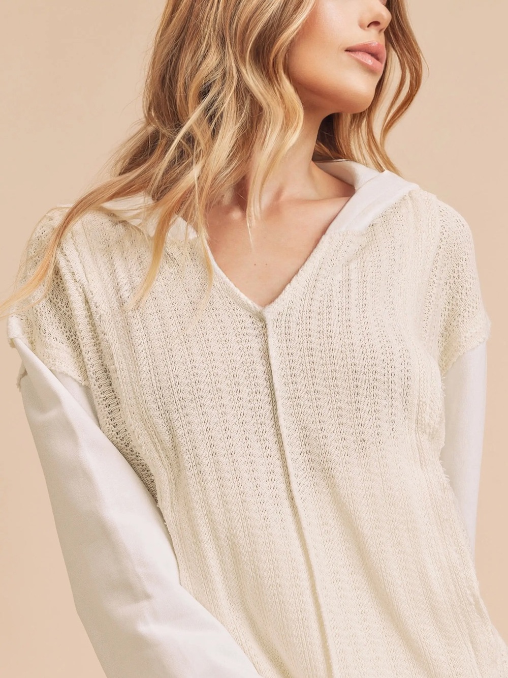 Nic+Zoe Cream Layered Knit Hoodie Sweatshirt